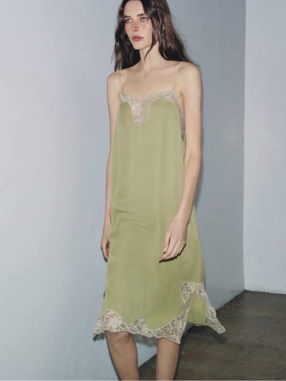Zara Olive Green Slip Dress with Cream Lace Trim